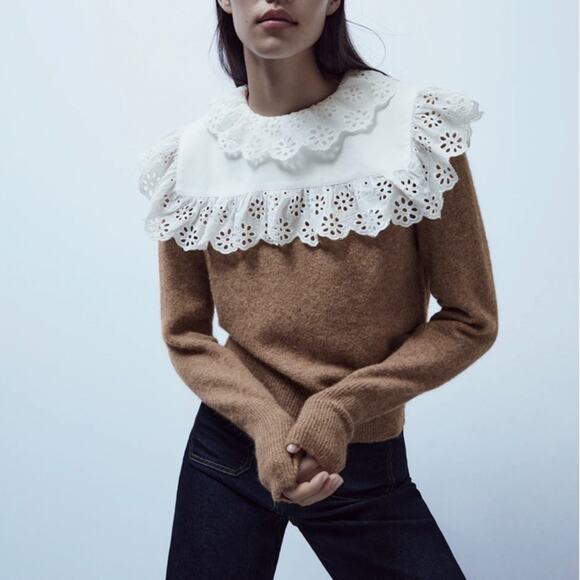 Zara wool blend brown sweater with contrasting collar Small - Picture 7 of 12
